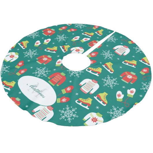 Snowflakes Pattern Blauwgroen Monogram kerstmis Kerstboom Rok (Gekanteld)