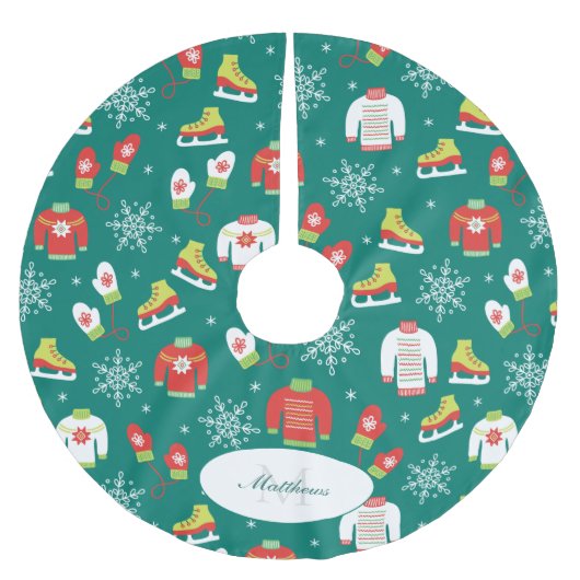 Snowflakes Pattern Blauwgroen Monogram kerstmis Kerstboom Rok (Voorkant)