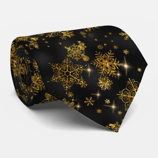  Snowflakes Pattern Gold/Black ID846 Stropdas (Opgerold)