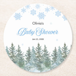 Snowflakes Pine Trees Winter Baby Shower  Ronde Kartonnen Onderzetter