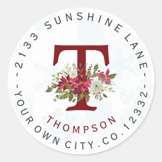 Snowflakes Poinsettia Monogram Adres Etiket (Voorkant)