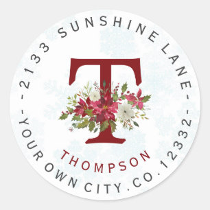 Snowflakes Poinsettia Monogram Adres Etiket