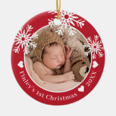 Snowflakes Red Baby's eerste kerstfoto Keramisch Ornament (Voorkant)