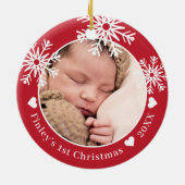 Snowflakes Red Baby's eerste kerstfoto Keramisch Ornament (Achterkant)