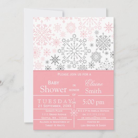 Snowflakes Roze grijze winterBaby shower uitnodige Kaart (Voorkant)