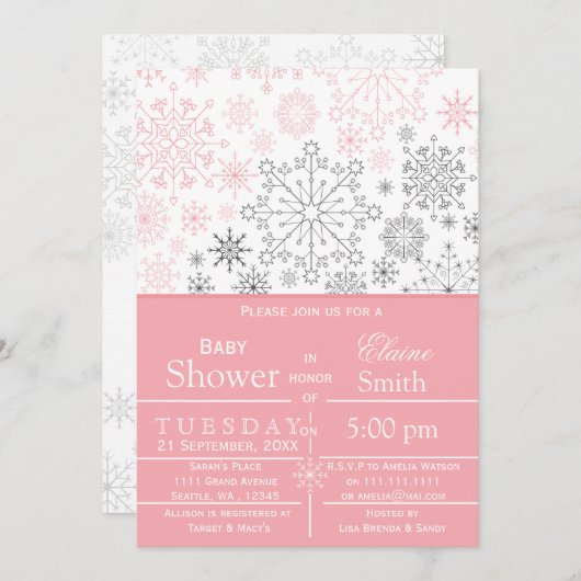 Snowflakes Roze grijze winterBaby shower uitnodige Kaart (Voorkant / Achterkant)