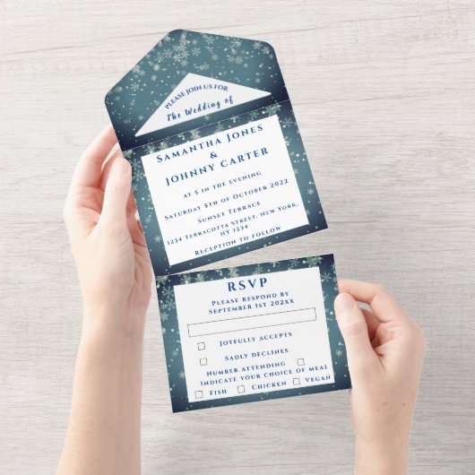 Snowflakes Sneeuwblauw WinterWonderland Weddenscha All In One Uitnodiging (Afscheurbaar)