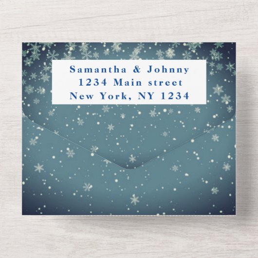 Snowflakes Sneeuwblauw WinterWonderland Weddenscha All In One Uitnodiging (Achterkant)