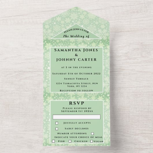 Snowflakes Sneeuwgroene winter Wonderland Weddensc All In One Uitnodiging (Binnen)