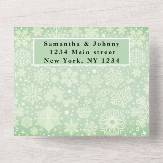 Snowflakes Sneeuwgroene winter Wonderland Weddensc All In One Uitnodiging (Achterkant)