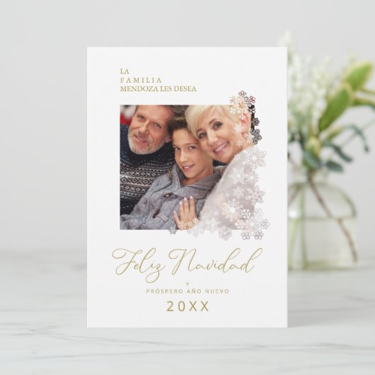 Snowflakes Spanish Modern Elegant Chic Kerstmis Feestdagenkaart (Staand voorkant)