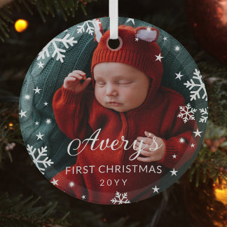Snowflakes & Stars Baby's eerste kerstfoto Glas Ornament