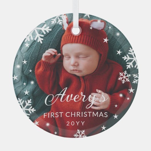 Snowflakes & Stars Baby's eerste kerstfoto Glas Ornament (Voorkant)