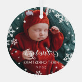 Snowflakes & Stars Baby's eerste kerstfoto Glas Ornament (Achterkant)