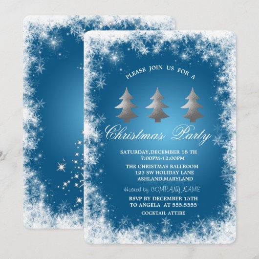 Snowflakes, sterren, Pine Tree Blue-kerstparty Kaart (Voorkant / Achterkant)
