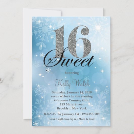 Snowflakes Sweet 16 Winter Wonderland Uitnodiging (Voorkant)