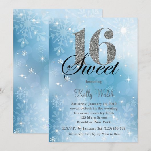 Snowflakes Sweet 16 Winter Wonderland Uitnodiging (Voorkant / Achterkant)