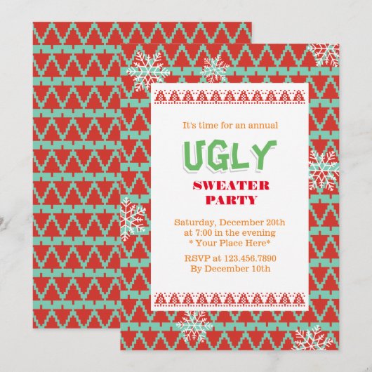 Snowflakes Ugly Sweater Kerstparty Kaart (Voorkant / Achterkant)