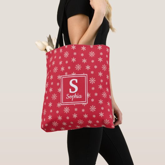 Snowflakes van kerst Rood-modelmonogram Tote Bag (Dichtbij)