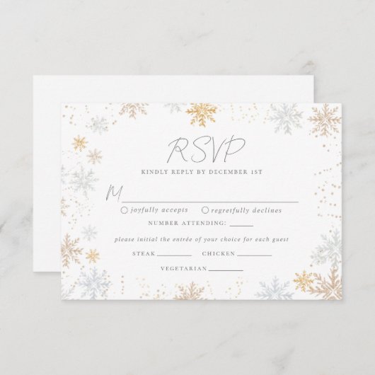 Snowflakes Weddenschap RSVP-kaart met voedselkeuze RSVP Kaartje (Voorkant / Achterkant)