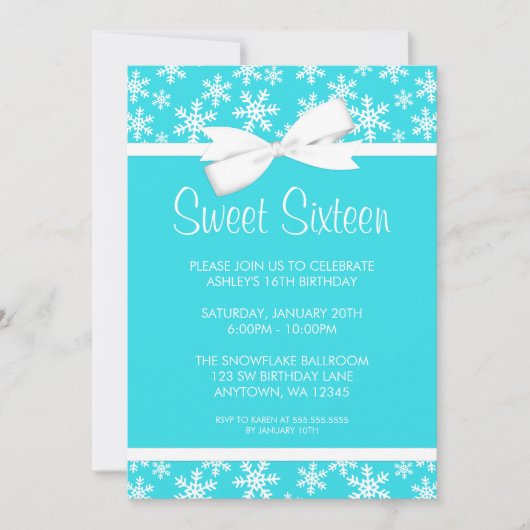 Snowflakes White bow Winter Wonderland Sweet 16 Kaart (Voorkant)