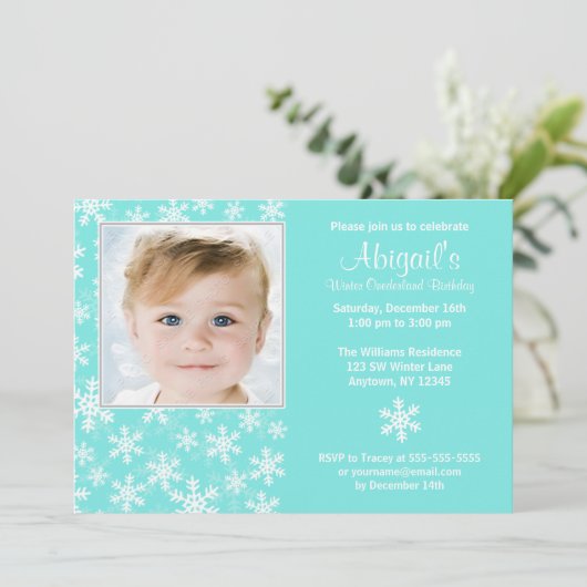 Snowflakes Winter Onederland Aqua Fotodag Kaart (Staand voorkant)