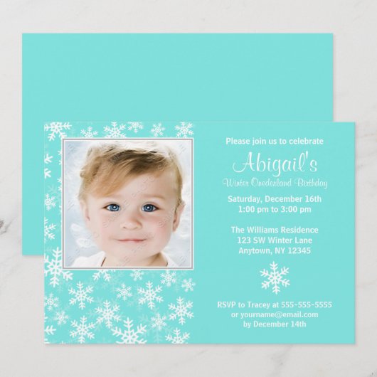 Snowflakes Winter Onederland Aqua Fotodag Kaart (Voorkant / Achterkant)