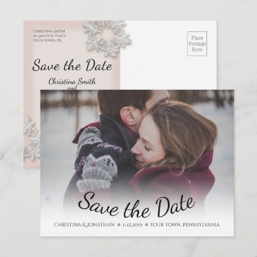 Snowflakes Winter Wedding Save the Date Briefkaart (Voorkant / Achterkant)