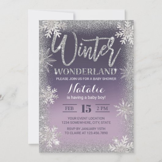 Snowflakes Winter Wonderland Paars Baby shower Kaart (Voorkant)