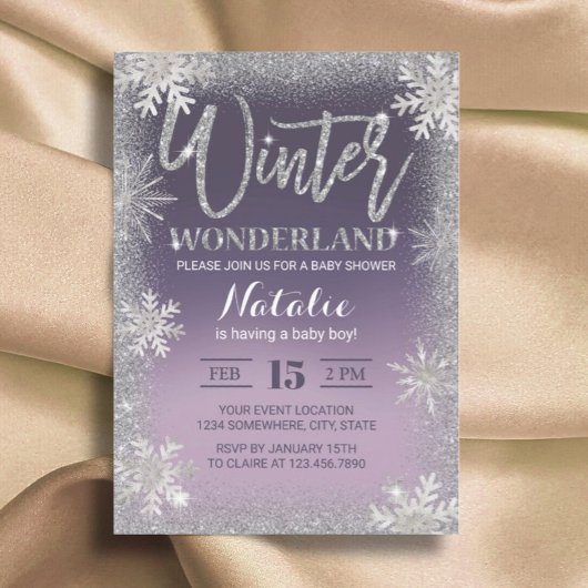 Snowflakes Winter Wonderland Paars Baby shower Kaart