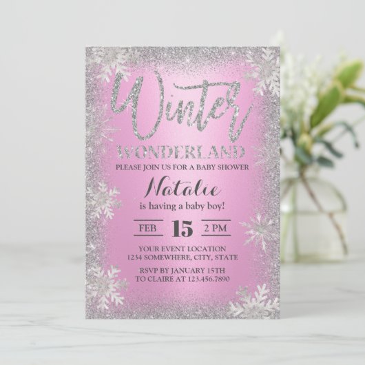 Snowflakes Winter Wonderland Roze Baby shower Kaart (Staand voorkant)