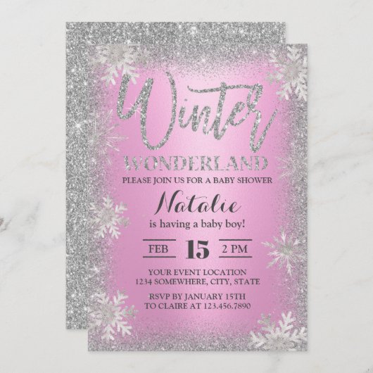 Snowflakes Winter Wonderland Roze Baby shower Kaart (Voorkant / Achterkant)