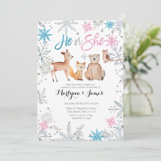 Snowflakes Woodland gender onthult uitnodiging (Staand voorkant)