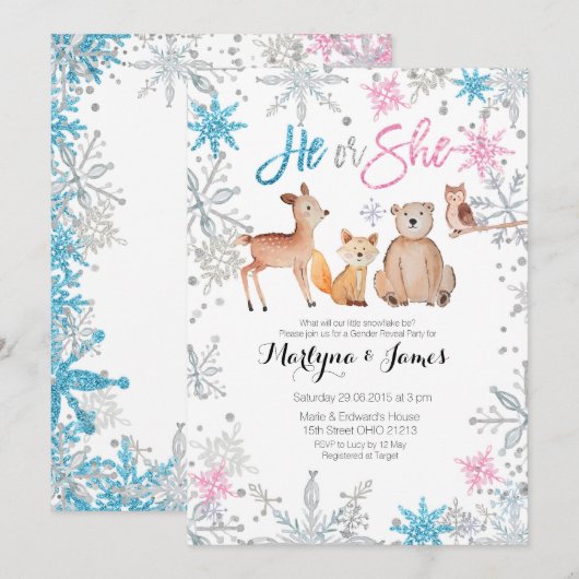Snowflakes Woodland gender onthult uitnodiging (Voorkant / Achterkant)