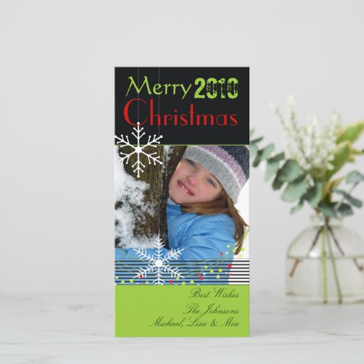 Snowflakes ~ zwarte en witte kerst, groene trim feestdagenkaart (Staand voorkant)