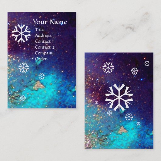 SNOWFLAKS IN SILVER SPARKLES IN BLAUW VISITEKAARTJE (Voorkant / Achterkant)