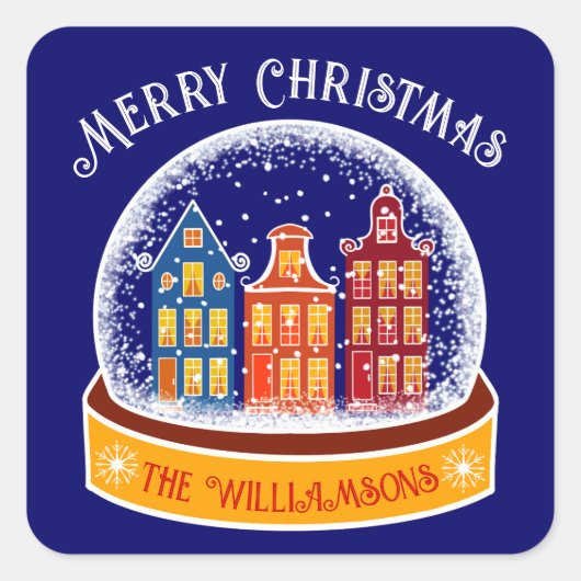 Snowglobe Amsterdam Village Kerst Vierkante Sticker (Voorkant)