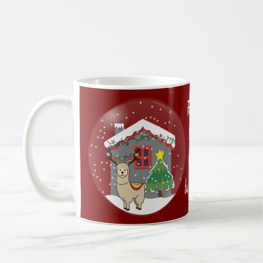 Snowglobe Llama met kerstboom en huis Koffiemok (Links)