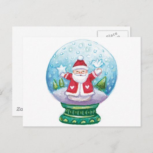 Snowglobe Santa Claus, Star, Bird Feestdagenkaart (Voorkant / Achterkant)