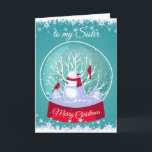 Snowglobe Snowman Cardinaal Bird Sister Feestdagen Kaart<br><div class="desc">Snowglobe Snowman met kardinaal-rode vogels in de sneeuw en vorsachtige sneeuwvlokken voor je zuster</div>