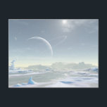 Snowland Briefkaart<br><div class="desc">Illustratie van een buitenaardse ijsmaan met een ringplaneet zichtbaar aan de hemel.</div>