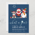 Snowman 2020 Manuscript Cute Santa Reindeer Snowma<br><div class="desc">Pas deze leuke 'What A Year' kerstkaart aan met je eigen bericht of verwijder deze door op bovenstaande button 'Personalize this' te klikken. Neem dit jaar een kerstcadeautje mee met deze grappige en leuke aanpasbare kaart</div>