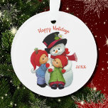 Snowman Acrylic, met kerstcadeautjes Ornament<br><div class="desc">Pas dit acrylvakantie-ornament aan met je eigen datum en andere tekst voor en achter. Schitterend nostalgisch afbeelding van twee schattige tots (jongen,  meisje) die Mrs SnowLady omhelzen. Zie ook andere ornamenten en items in dit collectie.</div>