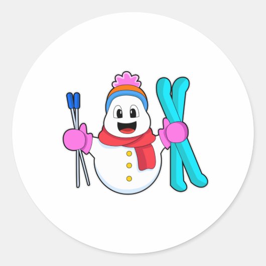 Snowman als Skier met Ski Ronde Sticker (Voorkant)