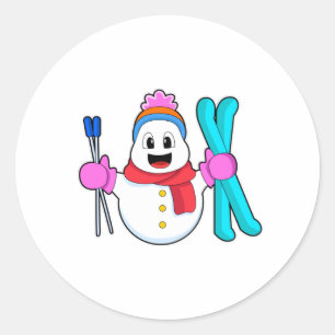 Snowman als Skier met Ski Ronde Sticker