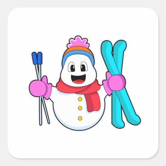 Snowman als Skier met Ski Vierkante Sticker (Voorkant)