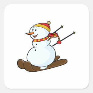Snowman als Skier met Skis en Pet Vierkante Sticker