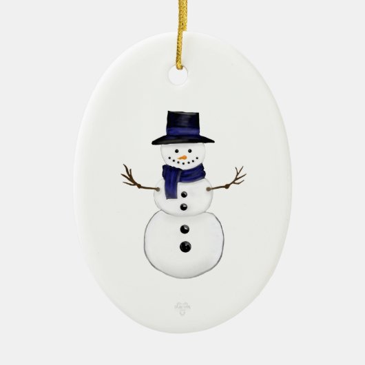 Snowman and Blue Snowflake Ceramic Oval Ornament (Voorkant)