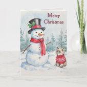 Snowman and Cat Merry Christmas Kids Feestdagen Kaart (Voorkant)