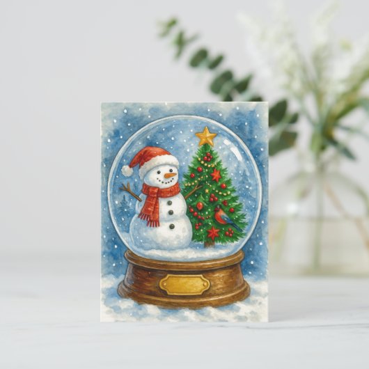 Snowman and Christmas Tree Snow Globe Postcard Feestdagenkaart (Staand voorkant)